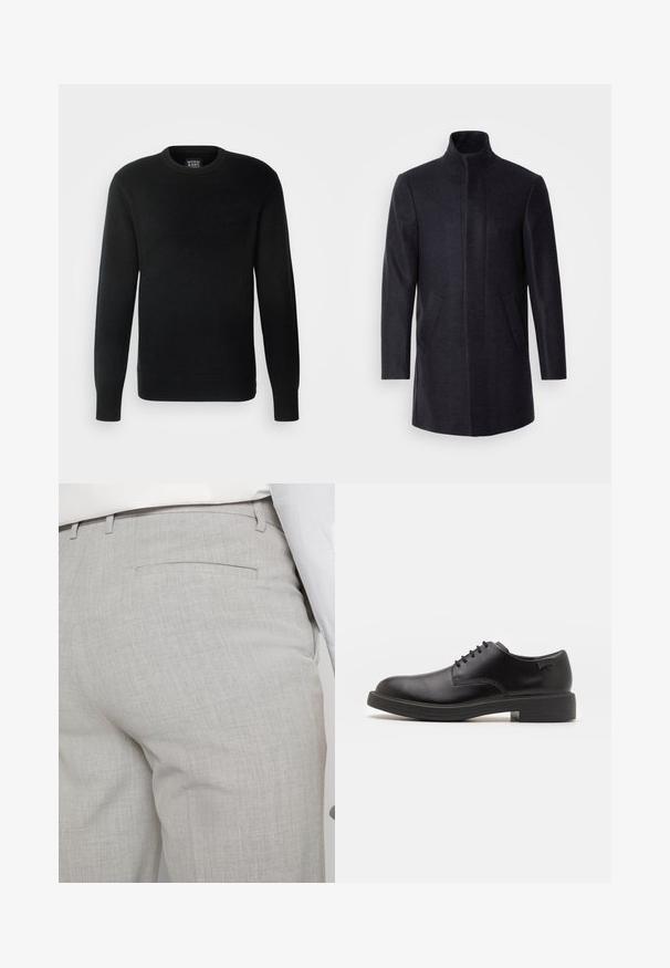 Isaac Dewhirst NEW COMFORT FUNNEL NECK COAT - Kratek plašč - navy; Črna pletena jopica z dolgimi rokavi, okroglim izrezom, rebrastimi manšetami in robom, ki ima majhno oznako logotipa na spodnjem levem delu.; Svetlo sive hlače po meri iz teksturirane tkanine, z enim zadnjim žepom in čistim šivom.; Črne usnjene čipkaste čevlje z zaobljenim nosom, gladko teksturo, minimalnim šitjem in nizkim gumijastim peto. Logo na peti.