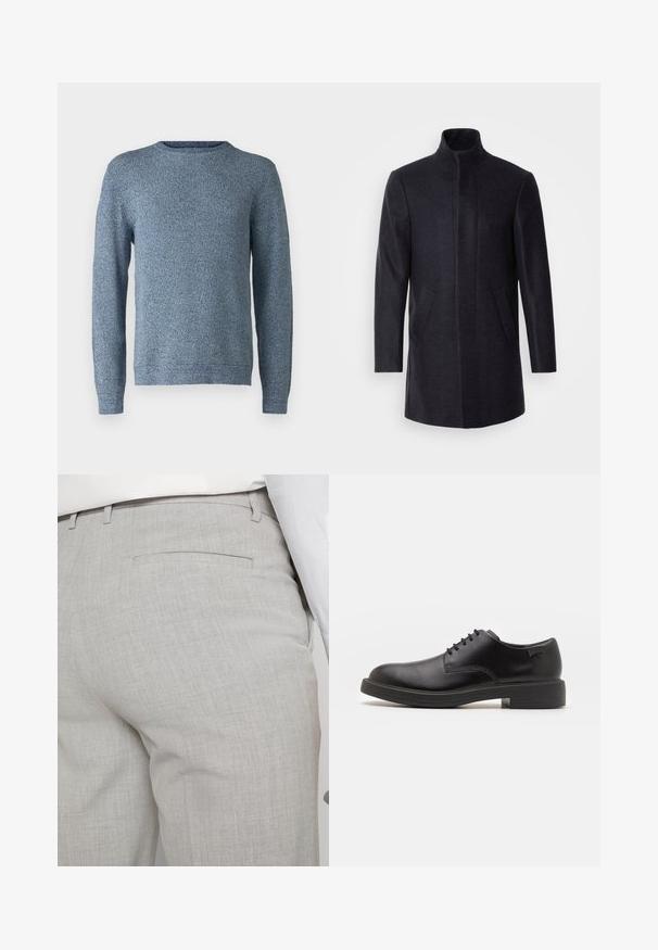 Isaac Dewhirst NEW COMFORT FUNNEL NECK COAT - Kurzmantel - navy; Blauer gestrickter Pullover mit einem strukturierten Muster, Rundhalsausschnitt und langen Ärmeln. Der Stoff wirkt weich und von mittlerem Gewicht, geeignet zum Schichten.; Hellgraue, maßgeschneiderte Hose aus strukturiertem Stoff, mit einer einzelnen Gesäßtasche und sauberer Nahtführung.; Schwarzer Leder-Schnürschuh mit abgerundetem Zeh, glatter Textur, minimaler Naht und niedrigem Gummiabsatz. Logo auf der Ferse.