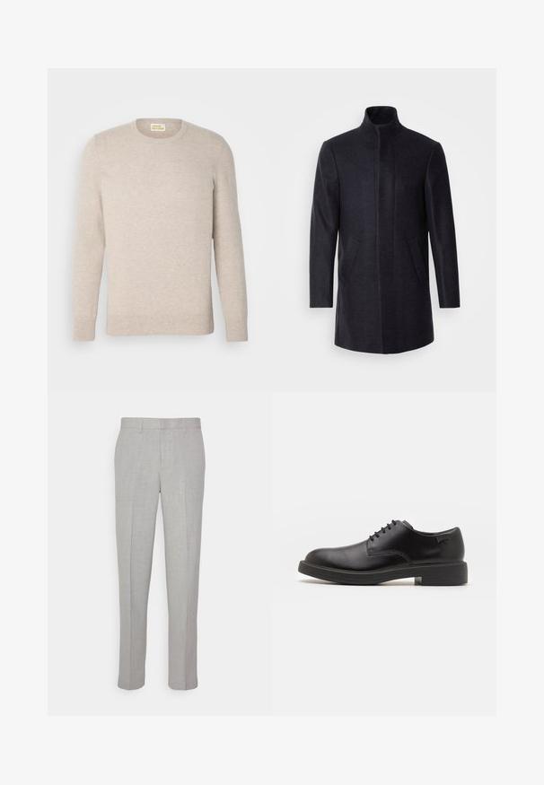 Isaac Dewhirst NEW COMFORT FUNNEL NECK COAT - Manteau court - navy; FROM FUTURE Pullover - beige mouline; Pantalons gris clair avec une texture lisse, devant plat et jambes droites. Fabriqués en tissu respirant, avec poches internes et passants de ceinture.; Chaussure noire en cuir à lacets avec un embout arrondi, texture lisse, piqures minimales et un petit talon en caoutchouc. Logo sur le talon.