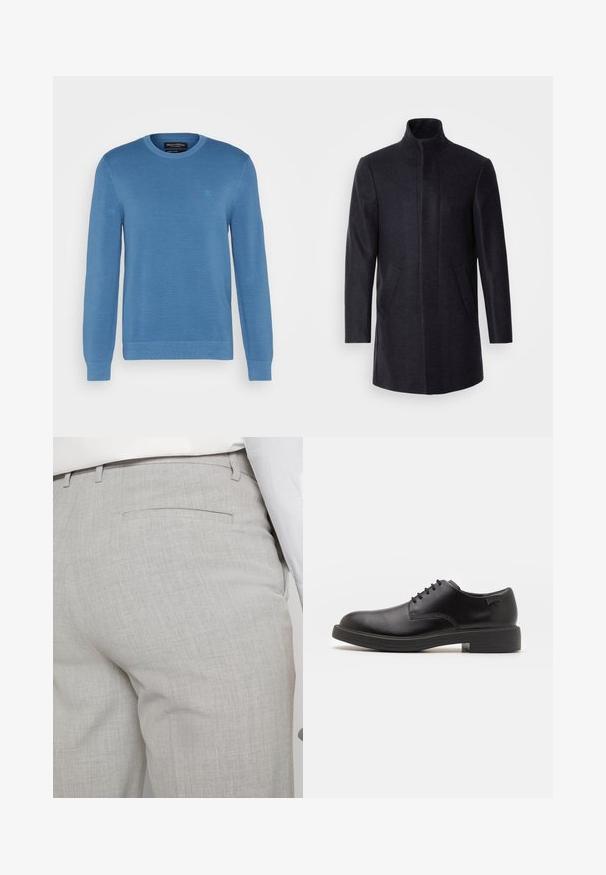 Isaac Dewhirst NEW COMFORT FUNNEL NECK COAT - Short coat - navy; Light blue knitted sweater with a round neckline, long sleeves, and textured fabric. Features a small logo in the upper left corner.; Light gray tailored trousers made of textured fabric, featuring a single back pocket and clean stitching.; Black leather lace-up shoe with a rounded toe, smooth texture, minimal stitching, and a low rubber heel. Logo on the heel.