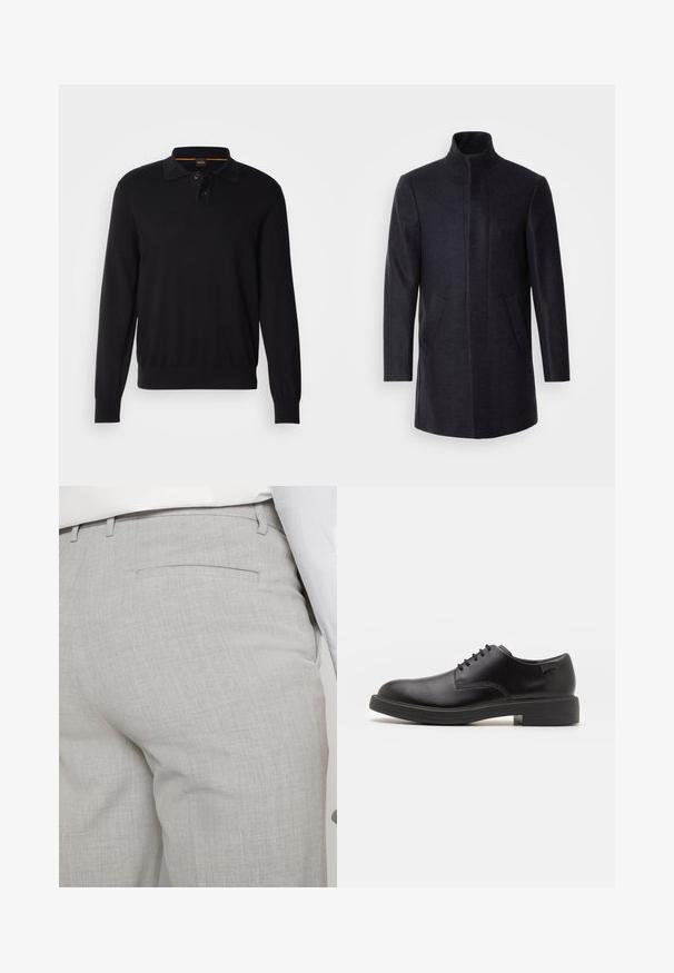 Isaac Dewhirst NEW COMFORT FUNNEL NECK COAT - Pitkä takki - navy; Musta pitkähihainen polo, jossa on kaulukset, kaksi nappia, joustavat hihansuut ja hillitty logo rinnassa. Pehmeä neulostekstuuri.; Vaaleanharmaat räätälöidyt housut tekstuuripintaisesta kankaasta, joissa on yksi takatasku ja siistit saumat.; Mustat nahkasaappaat, joissa on pyöreä kärki, sileä pinta, minimaalinen ommel ja matala kumipohja. Logo kannassa.