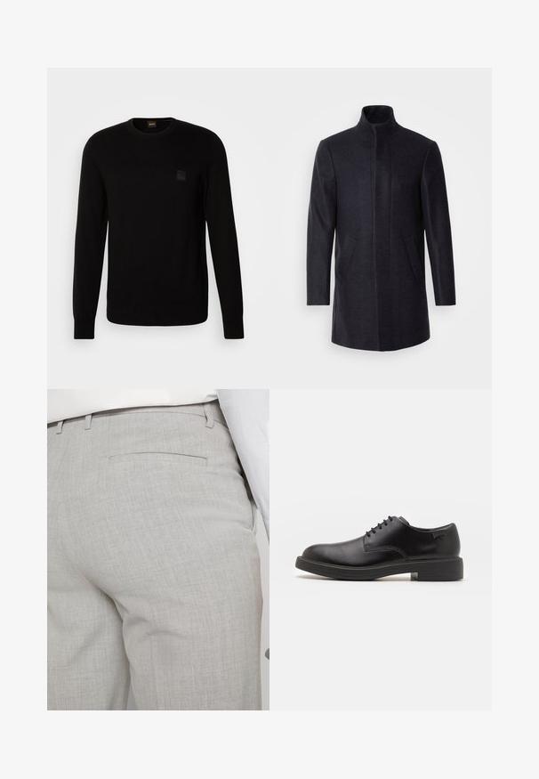 Isaac Dewhirst NEW COMFORT FUNNEL NECK COAT - Krátký kabát - navy; Černý pletený svetr s dlouhými rukávy, kulatým výstřihem a malou texturovanou nášivkou na hrudi. Hladká textura po celém povrchu.; Světlounce šedé kalhoty na míru z texturované látky, s jednou zadní kapsou a čistým prošitím.; Černé kožené šněrovací boty s kulatou špičkou, hladkým povrchem, minimálním prošíváním a nízkým gumovým podpatkem. Logo na patě.