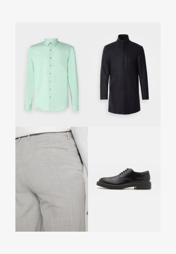Isaac Dewhirst NEW COMFORT FUNNEL NECK COAT - Puspaltis - navy; Calvin Klein Dalykiniai marškiniai - lichen; Šviesiai pilkos spalvos pritaikytos kelnės iš faktūrinės medžiagos, turinčios vieną užpakalinę kišenę ir tvarkingus siūlus.; Juodas odinis batų modelis su raišteliais, apvaliu nosiu, lygiu paviršiumi, minimaliai siuvinėjimu ir žemu guminėmis pakulne. Ant pakulnės šalia logo.