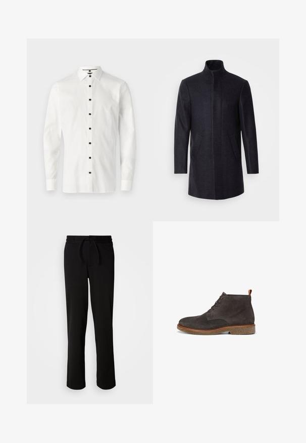 Isaac Dewhirst - Krótki płaszcz; Biała koszula z długim rękawem wykonana z gładkiego materiału, z kołnierzykiem zapinanym na guziki i sześcioma czarnymi guzikami z przodu.; Czarne dresy z elastycznym pasem, wykonane z miękkiego, rozciągliwego materiału. Posiadają luźny krój z prostymi nogawkami i bez widocznych kieszeni.; Szare zamszowe botki za kostkę z okrągłym noskiem, płaską podeszwą, brązowymi skórzanymi akcentami oraz systemem sznurowania z dwoma oczkami.