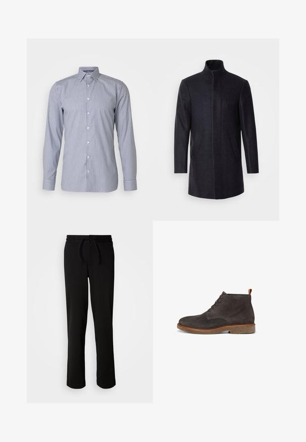 Isaac Dewhirst NEW COMFORT FUNNEL NECK COAT - Halflange jas - navy; OLYMP No. Six Zakelijk overhemd - marine; Zwarte joggingbroek met een elastische tailleband en trekkoord, gemaakt van zachte, rekbare stof. Heeft een relaxte pasvorm met rechte pijpen en geen zichtbare zakken.; Grijze suède enkellaarzen met een ronde neus, platte zool, bruine leren accenten en een vetersysteem met twee gaatjes.