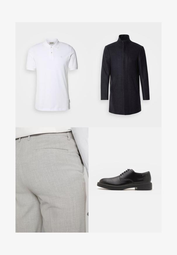 Isaac Dewhirst NEW COMFORT FUNNEL NECK COAT - Kort kåpe / frakk - navy; Hvit bomullspolo med klassisk krave, to knappestolper og en liten brodert logo på brystet. Korte ermer og rett kant.; Lysegrå skreddersydde bukser laget av teksturert stoff, med en enkelt baklomme og rene sømmer.; Svart lær snøre sko med rund tå, glatt tekstur, minimal søm, og lav gummihæl. Logo på hælen.