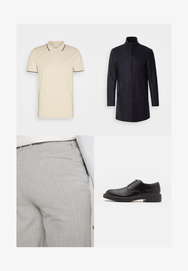 Isaac Dewhirst NEW COMFORT FUNNEL NECK COAT - Krátký kabát - navy; Lindbergh CONTRAST PIPING - Polotričko - light stone; Světlounce šedé kalhoty na míru z texturované látky, s jednou zadní kapsou a čistým prošitím.; Černé kožené šněrovací boty s kulatou špičkou, hladkým povrchem, minimálním prošíváním a nízkým gumovým podpatkem. Logo na patě.