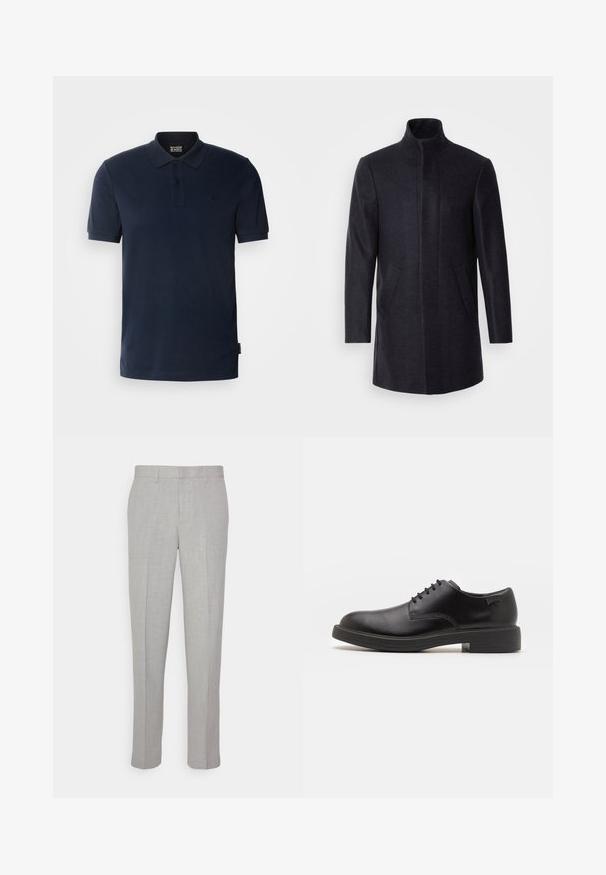 Isaac Dewhirst NEW COMFORT FUNNEL NECK COAT - Krátký kabát - navy; Námořnická modrá polo košile z bavlny, s klasickým límcem, třemi knoflíky, krátkým rukávem a malým logem na levé hrudi.; Světle šedé kalhoty s hladkou texturou, plochým předním dílem a rovnými nohavicemi. Vyrobené z prodyšného materiálu, obsahující vnitřní kapsy a poutka na opasek.; Černé kožené šněrovací boty s kulatou špičkou, hladkým povrchem, minimálním prošíváním a nízkým gumovým podpatkem. Logo na patě.