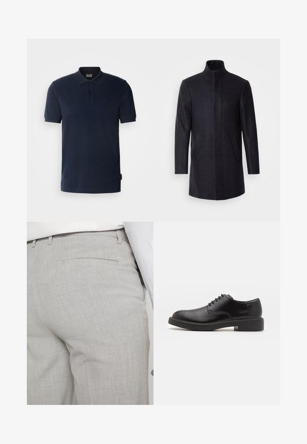 Isaac Dewhirst NEW COMFORT FUNNEL NECK COAT - Krátky kabát - navy; Námornícko modrá polo košeľa vyrobená z bavlny, s klasickým golierom, tromi gombíkmi, krátkymi rukávmi a malým logom na ľavej hrudi.; Svetlosivé nohavice na mieru vyrobené zo štruktúrovanej látky, s jedným zadným vreckom a čistým prešívaním.; Čierne kožené šnurovacie topánky s okrúhlou špičkou, hladkým povrchom, minimálnym prešívaním a nízkym gumovým podpätkom. Logo na podpätku.