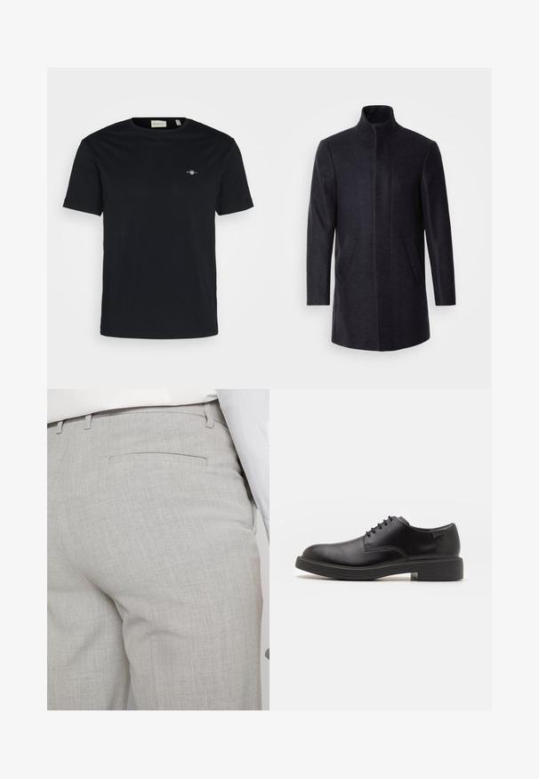 Isaac Dewhirst NEW COMFORT FUNNEL NECK COAT - Short coat - navy; Black cotton t-shirt with a crew neck, short sleeves, and a small logo on the chest. Smooth texture, standard fit, and no visible patterns.; Light gray tailored trousers made of textured fabric, featuring a single back pocket and clean stitching.; Black leather lace-up shoe with a rounded toe, smooth texture, minimal stitching, and a low rubber heel. Logo on the heel.