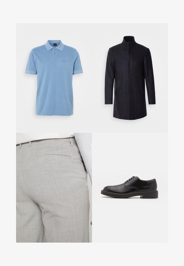 Isaac Dewhirst NEW COMFORT FUNNEL NECK COAT - Pitkä takki - navy; Vaaleansininen puuvillapaita, jossa on kahden napin kaulus, lyhyet hihat ja hillitty logo brodeerattuna rintaan.; Vaaleanharmaat räätälöidyt housut tekstuuripintaisesta kankaasta, joissa on yksi takatasku ja siistit saumat.; Mustat nahkasaappaat, joissa on pyöreä kärki, sileä pinta, minimaalinen ommel ja matala kumipohja. Logo kannassa.