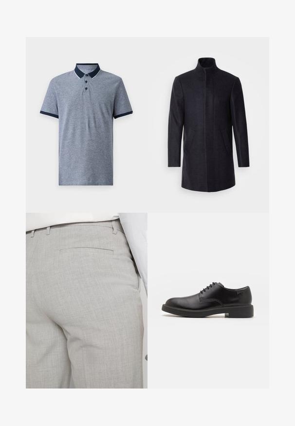 Isaac Dewhirst NEW COMFORT FUNNEL NECK COAT - Puspaltis - navy; Pilkos spalvos trumpomis rankovėmis polo marškiniai su tamsiai mėlynu apykakle ir rankovių kraštais. Yra trys juodi mygtukai ir subtili heather tekstūra.; Šviesiai pilkos spalvos pritaikytos kelnės iš faktūrinės medžiagos, turinčios vieną užpakalinę kišenę ir tvarkingus siūlus.; Juodas odinis batų modelis su raišteliais, apvaliu nosiu, lygiu paviršiumi, minimaliai siuvinėjimu ir žemu guminėmis pakulne. Ant pakulnės šalia logo.