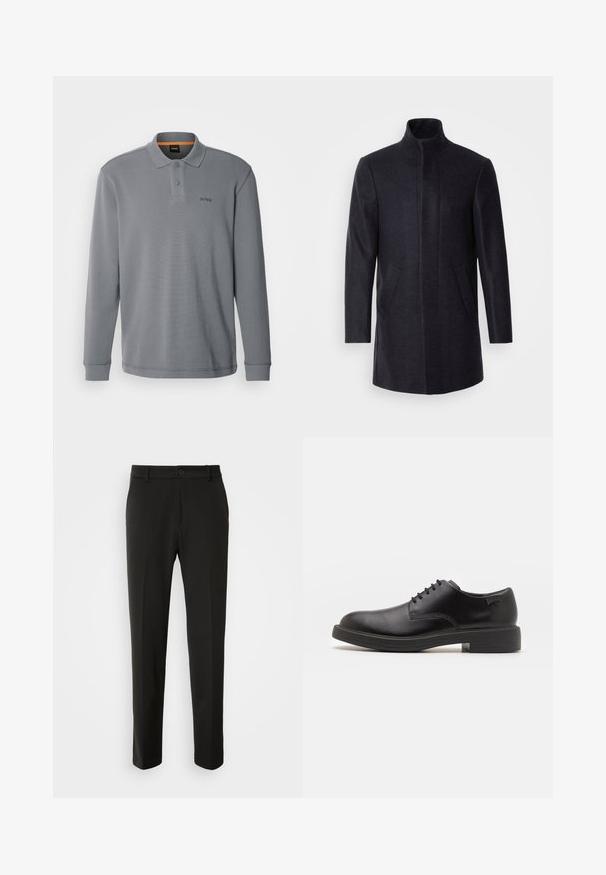 Isaac Dewhirst NEW COMFORT FUNNEL NECK COAT - Krátký kabát - navy; BOSS PETEMPESTOLONG - Top s dlouhým rukávem - dark grey; Černé kalhoty vyrobené z hladkého materiálu, s rovnými nohavicemi, zapínáním na knoflík a klasickým designem vhodným pro formální i neformální nošení.; Černé kožené šněrovací boty s kulatou špičkou, hladkým povrchem, minimálním prošíváním a nízkým gumovým podpatkem. Logo na patě.
