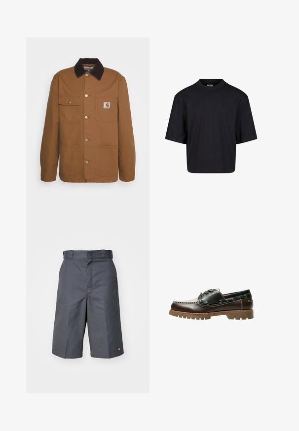 Brown work jacket made of durable fabric with a corduroy collar, featuring four pockets and metal buttons on the front.; Black cotton t-shirt with a round neckline, short sleeves, and an oversized fit. Smooth texture and minimalist design. No visible logos.; Gray shorts made from durable fabric, featuring a straight cut, two side pockets, and a small logo on the back pocket.; Brown and black leather boat shoe with lacing, contrast stitching, and a textured rubber sole. Features metal eyelets and rounded toe.
