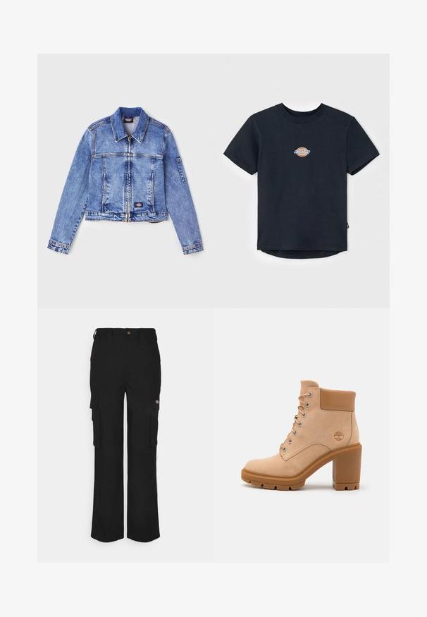 Lyseblå denimjakke med krave, lynlås-lukning, to forlommer og et logo-patch. Har lange ærmer og detaljeret syning.; Sort bomulds t-shirt med korte ærmer, rund hals og et lille flerfarvet logo på brystet. Lige kant med en let længere ryg.; Sorte cargo bukser lavet af slidstærkt stof, med to sidelommer, knaplukning og en afslappet pasform med lige ben.; Beige ruskindsankelstøvle med en kraftig brun hæl, snørebånd foran, sølvøjer og en polstret krave. Har et logo på siden.