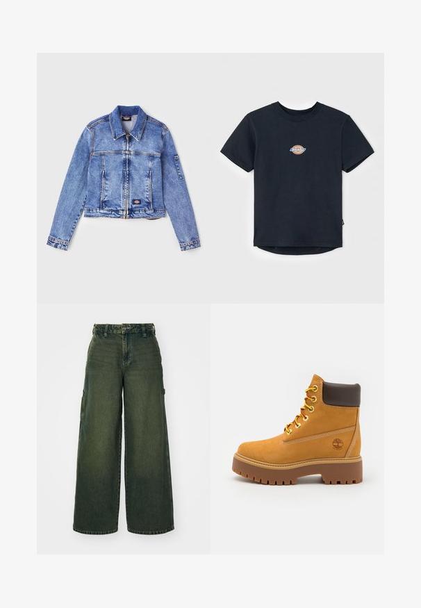 Casaco de ganga azul claro com colarinho, fecho de zíper, dois bolsos frontais e um patch com o logótipo. Apresenta mangas longas e detalhes de costura.; T-shirt de algodão preto com mangas curtas, decote redondo e um pequeno logótipo multicolorido no peito. Barra reta com a parte de trás ligeiramente mais longa.; Calças cargo de perna larga em denim verde escuro. Apresenta costuras visíveis, fecho de botão e bolsos laterais. Textura suave com áreas ligeiramente desbotadas.; Bota ankle impermeável castanha com uma sola de borracha resistente, bico redondo, colarinho de couro castanho, atacadores amarelos e um logotipo na lateral.