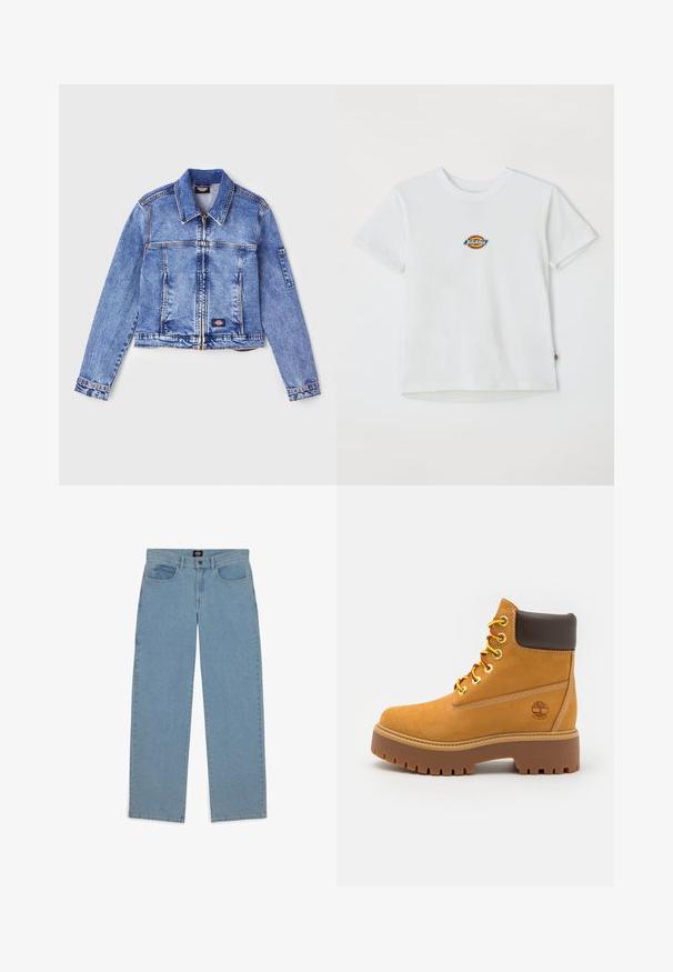 Ljusblå denimjacka med krage, dragkedjestängning, två fack framtill och en logotypapplikation. Har långa ärmar och sömnadsdetaljer.; Vit bomull t-shirt med en rund logotyp med flerfärgade accenter. Korta ärmar och rund halsringning, med en liten etikett vid fållen.; Ljusblå jeans, lös passform, denimtyg, femfickorsdesign, knappstängning, raka ben, synlig söm, inga mönster eller dekaler.; Tan vattentålig ankelstövel med en robust gummisul, rund tå, brunt läderkrage, gula snören och en logotyp på sidan.