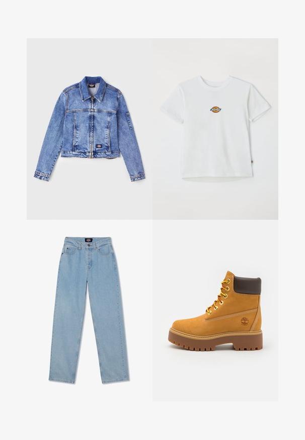 Casaco de ganga azul claro com colarinho, fecho de zíper, dois bolsos frontais e um patch com o logótipo. Apresenta mangas longas e detalhes de costura.; Camiseta branca de algodão com um logo redondo e acentos multicoloridos. Manga curta e decote redondo, com uma pequena etiqueta na barra.; Jeans de ganga azul claro com corte reto, cinco bolsos, fecho de botão e um leve efeito de desgaste na frente.; Bota ankle impermeável castanha com uma sola de borracha resistente, bico redondo, colarinho de couro castanho, atacadores amarelos e um logotipo na lateral.