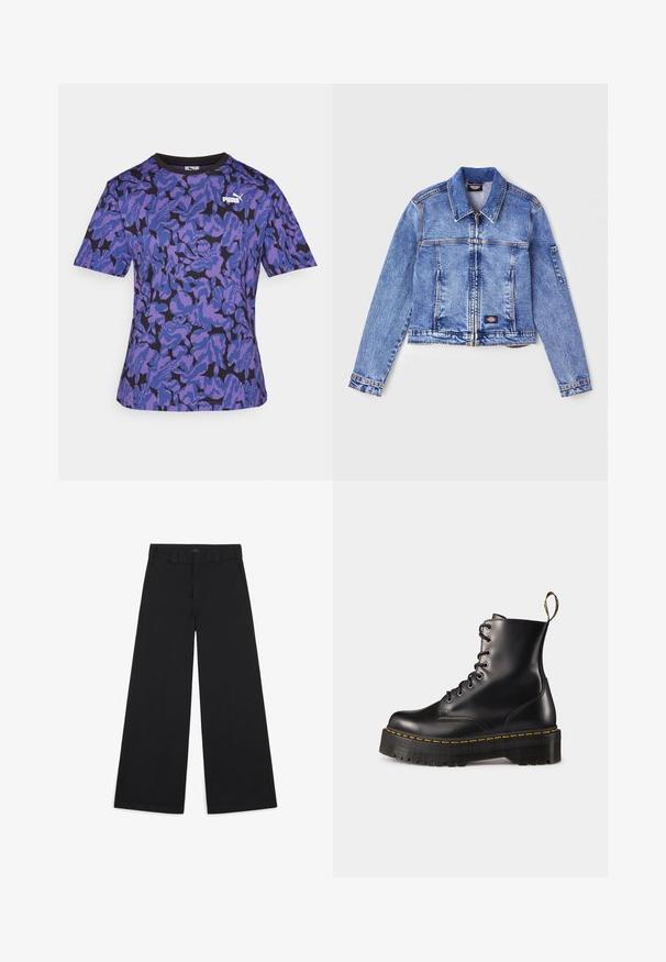 Světle modrá džínová bunda s límcem, zipovým zapínáním, dvěma předními kapsami a logem na nášivce. Obsahuje dlouhé rukávy a detaily prošívání.; Fialové a černé tričko s krátkým rukávem s texturovaným maskáčovým vzorem; má kulatý výstřih a výrazné bílé logo Puma na hrudi.; Široké černé kalhoty vyrobené z měkké, tkané tkaniny. Mají pomačkané záhyby, poutka na opasek a čisté, šité zakončení.; Černé kožené kotníkové boty na šněrování s mohutnou černou podrážkou a žlutým prošíváním. Mají poutko na zadní straně a kulaté kovové očko.