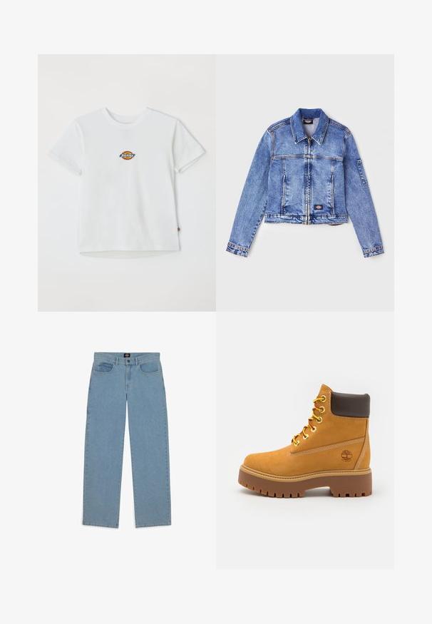 Lyseblå denimjakke med krage, glidelås lukking, to frontlommer og et logo merke. Har lange ermer og sømdetaljer.; Hvit bomull t-skjorte med et rundt logo med flerfargede detaljer. Korte ermer og rund hals, med et lite merke på kanten.; Lysblå jeans, løs passform, denimbomull, fem-lomme design, knappelukking, rette bein, synlig søm, ingen mønstre eller dekor.; Tan vanntette ankelstøvler med en solid gummisåle, rund tå, brun lærkrage, gule snøresystemer og en logo på siden.