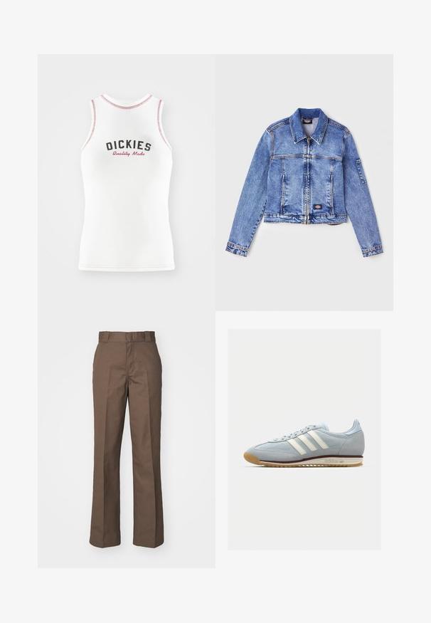 Heledasinine teksajakk krae, lukuga, kahe eespoolse tasku ja logomärgiga. Omab pikki varrukaid ja õmblusdetailide. ; Valge ilma varrukateta T-särk punase ja musta "DICKIES Quality Made" tekstiga. Omab kontrastset punast õmblust ja klassikalist lõiget.; Pruunid puuvillased püksid, sirge lõikega, millel on lame eesmine osa ja vöökoha aasadega. Sile tekstuur, ilma nähtavate mustrite või aktsentideta.; Heledad sinine sametist tennis, millel on valged kolm triipu, kummitald ja tekstureeritud sisu. Tooteomadused hõlmavad sujuvat varbakatet ja brändingut kontsapooles.