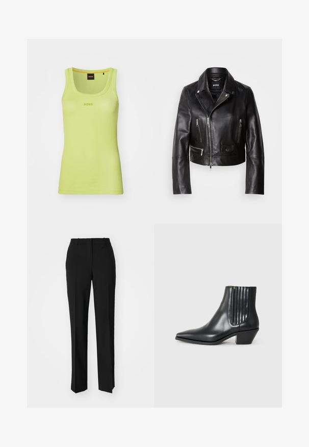 Fekete bőr motoros dzseki gallérral, cipzáras elülső résszel és több zsebbel. Divatos, modern dizájn, ami alkalmas hétköznapi viseletre.; Ribbed, ujjatlan trikó élénk lime zöld színben, kerek nyakkivágással. A mellkason középen található a "BOSS" logó azonos színű cérnával.; Fekete, testhezálló nadrág egyenes szárú kivitelben, sima textúrával és éles redőkkel az elején. Nincs látható fémalkatrész.; Fekete bőr bokacsizma hegyes orral, elasztikus oldalsó panelekkel, amelyek függőleges bemetszésekkel rendelkeznek, és alacsony blokk sarkú. Sima textúrájú és elegáns dizájn.
