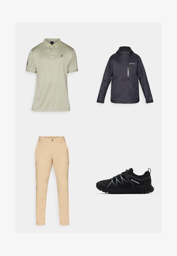 Mustat kevyet sadetakit, joissa on huppu, vetoketjullinen rintatasku ja Columbia-logo vasemmassa yläkulmassa. Sujuva, kestävä kankaan rakenne.; Peak Performance PLAYER - Pikeepaita - limit green/pine needle; Beige cargo-housut, joissa on nappisulku, kapea istuvuus, sivutaskut ja sileä puuvillasekoitekangas. Ei näkyviä kuvioita tai koristeita.; Musta urheilukenkä, jossa on tekstuurilla varustettu verkko-osa, heijastavat yksityiskohdat, paksu kumipohja ja joustavat nauhat. Columbia-logo näkyvissä sivussa.