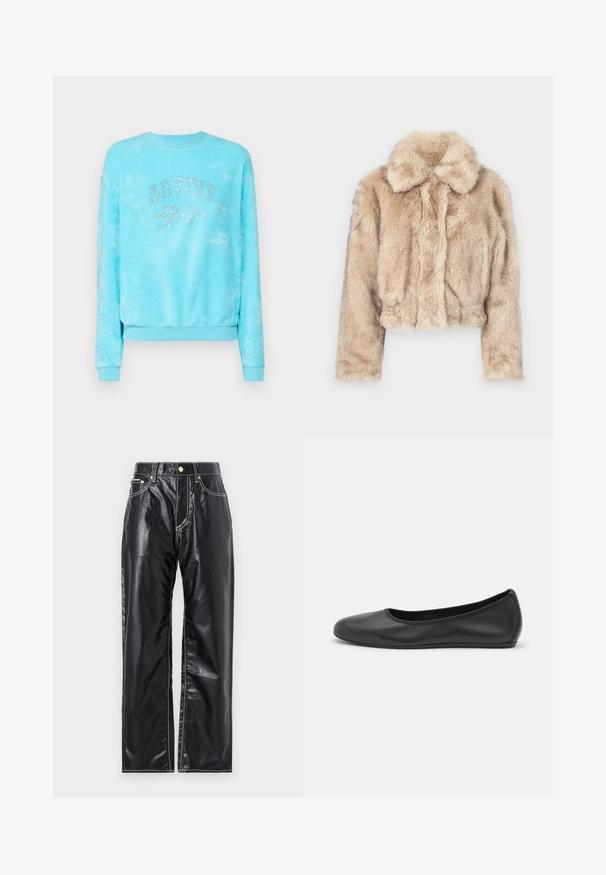 Rövidített műszőrme dzseki világos bézs színben, bemetszett gallérral, puha, bolyhos textúrával, hosszú ujjak és szűkített alsó rész.; Világoskék festett pulóver, kerek nyakkivágással, hosszú ujjakkal, és strasszkövekből készült felirattal, amelyen az "ACTIVE 77" felirat áll.; Fekete műbőr nadrág széles lábbetéttel, fehér varrással, elülső zsebekkel és arany gombbal a derekán.; Fekete bőr balettcipő lekerekített orral, sima tekstúrával, minimális varrással és rugalmas talp kialakítással.