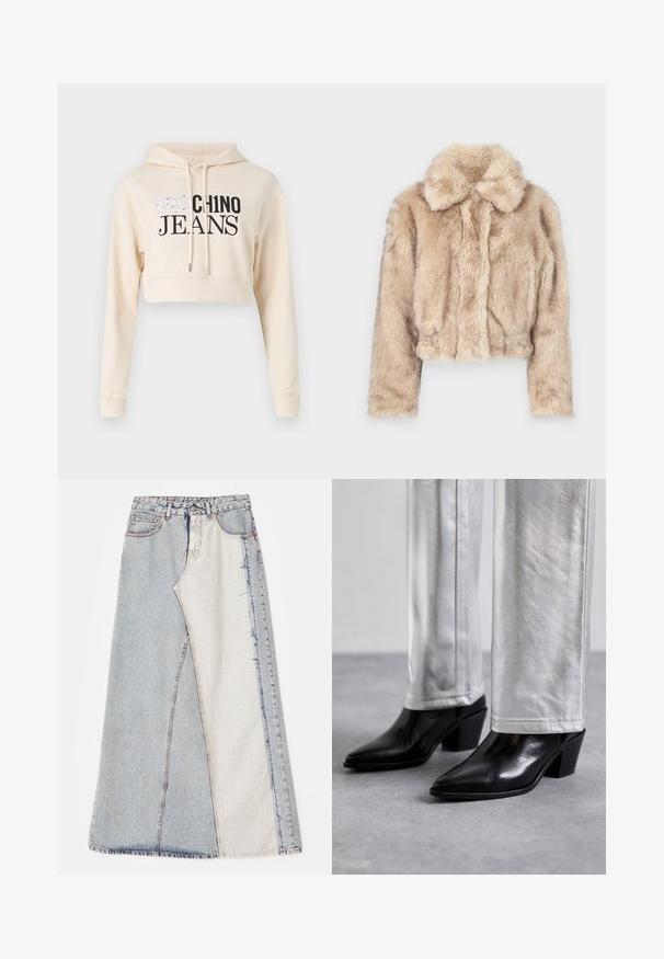 Krátka bunda z umelej kožušiny v svetlej béžovej farbe, s klopovým golierom a mäkkou, nadýchanou textúrou, dlhými rukávmi a priliehavým lemom.; Zrezaná béžová mikina s kapucňou, z mäkkého materiálu, dlhé rukávy, s nastaviteľnými šnúrkami, s čiernym grafickým nápisom "MOSCHINO JEANS" v tučnom písme.; Džínová sukňa s patchworkovým dizajnom, obsahujúca svetlomodré a stredne modré časti, s roztrhnutými okrajmi a vysokým pásom. Klasický štýl s piatimi vreckami.; Čierne kožené členkové topánky s špicatou špičkou a blokovým podpätkom, kombinované s lesklými striebornými nohavicami, predvádzajúce elegantné textúry a kontrastné farby.