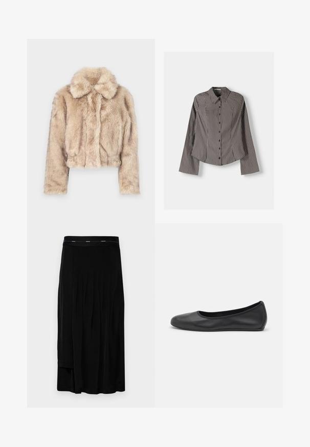 Krótkie sztuczne futro w jasnym beżu, z wyciętym kołnierzem, miękką, puszystą fakturą, długimi rękawami i dopasowanym dołem.; Pasiasta koszula z długim rękawem w brązowo-białe paski, z punktowym kołnierzykiem i zaokrąglonym dołem. Teksturowana tkanina z pionowymi paskami.; Czarna midi spódnica z plisami, gładką teksturą i szerokim paskiem w talii z subtelnym logo marki. Prosty fason i długość sięgająca do podłogi.; Czarne skórzane baletki z zaokrąglonym noskiem, gładką fakturą, minimalnymi przeszyciami i elastycznym designem podeszwy.