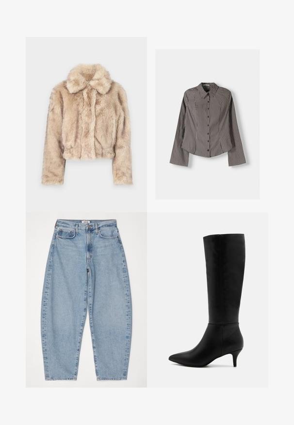 Krótkie sztuczne futro w jasnym beżu, z wyciętym kołnierzem, miękką, puszystą fakturą, długimi rękawami i dopasowanym dołem.; Pasiasta koszula z długim rękawem w brązowo-białe paski, z punktowym kołnierzykiem i zaokrąglonym dołem. Teksturowana tkanina z pionowymi paskami.; Agolde - Jeansy Relaxed Fit; Anna Field - Kozaki