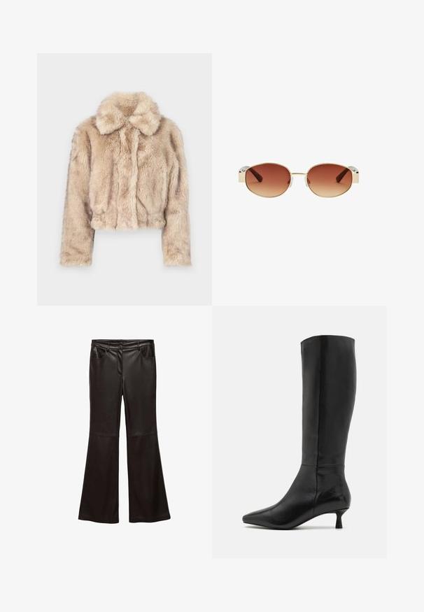 Lyhyt tekoturkisnuttu vaaleanbeigessä, jossa on kaarroke, pehmeä ja pörröinen tekstuuri, pitkät hihat ja kapea helma.; Raitapaita ruskeana ja valkoisena, jossa on pitkät hihat, terävä kaulus ja kaareva helma. Rakenteellinen kangas, jossa on pystyraidat.; Mustat keinonahkaiset flarehousut, joissa on sileä pinta, etutaskut, vetoketjuhaitari ja kapea vyötärö.; Zign Saappaat - black; Pyöreät aurinkolasit, joissa on kultainen metallikehys, ruskeat gradient-linssit, kirkkaat muoviosat sivuilla ja ruskeat kuvioidut sankakäänteet.