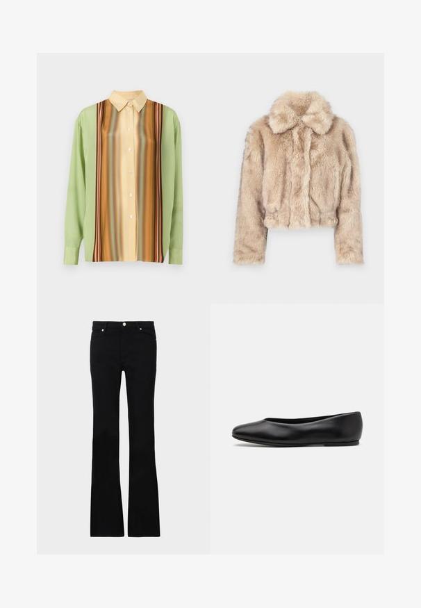 Giacca corta in pelliccia sintetica di colore beige chiaro, con colletto a punte e una consistenza morbida e pelosa, maniche lunghe e orlo aderente.; Camicia a maniche lunghe di colore verde chiaro e giallo crema, con motivi a righe verticali in marrone, arancione e rosso; cinque bottoni sulla parte anteriore.; Maglione nero a maniche lunghe con colletto a dolcevita realizzato in tessuto morbido, caratterizzato da un collo arricciato e una silhouette aderente con bordi semplici.; Jeans neri svasati in denim, dotati di due tasche anteriori, chiusura con bottone e una texture liscia. Cuciture iconiche visibili nei punti di giuntura.; Paul Smith TOPANGA - Ballerine - black