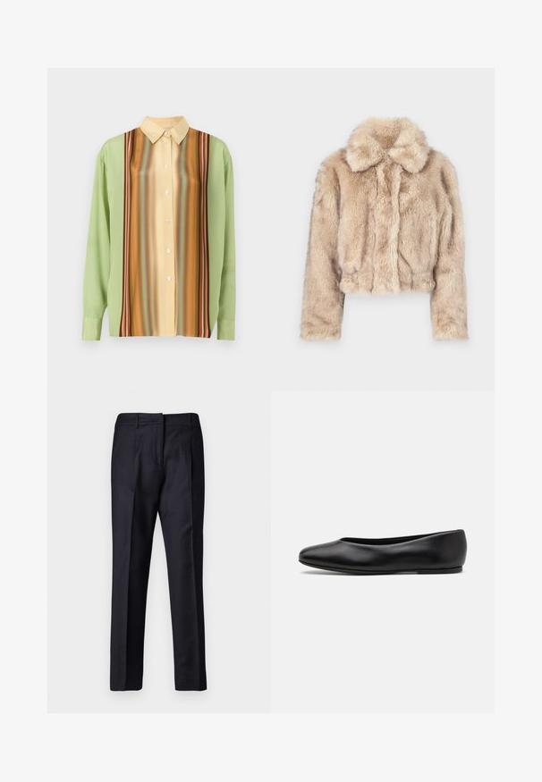 Chaqueta corta de pelo sintético en color beige claro, con cuello de muesca y textura suave y esponjosa, mangas largas y dobladillo ajustado.; Camisa de manga larga en verde claro y amarillo cremoso, con patrones de rayas verticales en marrón, naranja y rojo; cinco botones en el frente.; Top negro de manga larga con cuello alto, hecho de tejido suave, que presenta un cuello con volantes y una silueta ajustada con bordes simples.; Pantalones de corte militar en color marino con una textura suave, que cuentan con un frente plano, doble pliegue y trabillas para cinturón. Corte recto y dobladillo terminado.; Paul Smith TOPANGA - Bailarinas - black