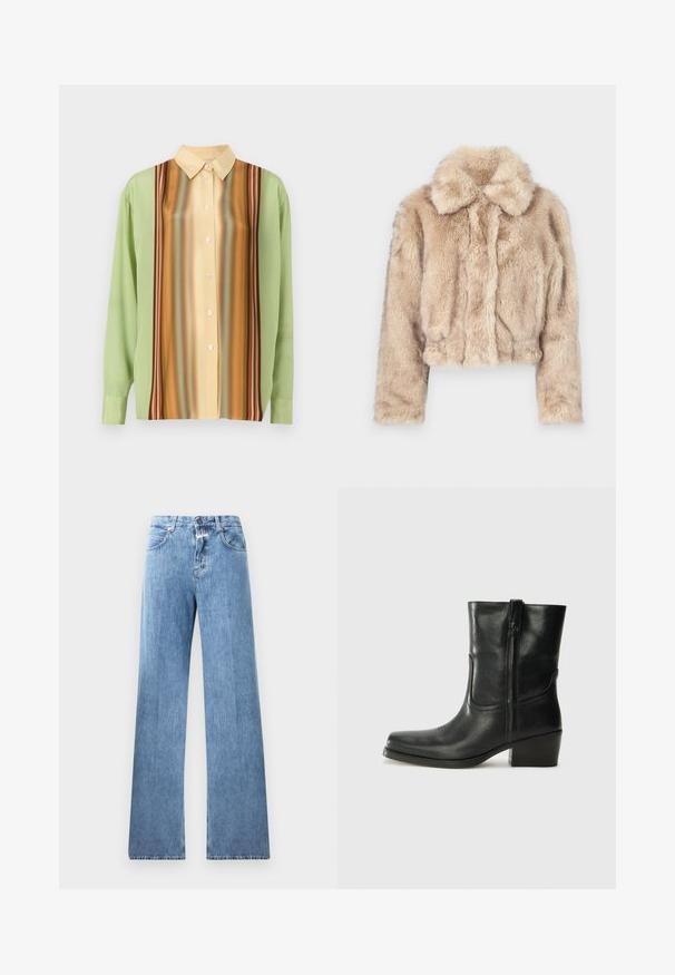 Chaqueta corta de pelo sintético en color beige claro, con cuello de muesca y textura suave y esponjosa, mangas largas y dobladillo ajustado.; Camisa de manga larga en verde claro y amarillo cremoso, con patrones de rayas verticales en marrón, naranja y rojo; cinco botones en el frente.; Camiseta negra de manga larga y cuello redondo, hecha de un tejido texturizado, con dobladillo recto y detalles cosidos en el cuello y los hombros.; Jeans de mezclilla de color azul claro con un diseño de pierna ancha, cinco bolsillos, trabillas para cinturón y cierre de botón. La tela tiene una textura suave.; Botín negro de cuero hasta el tobillo con punta redondeada, tacón cuadrado, cremallera lateral y detalles de costura en el empeine. Textura suave, diseño clásico.