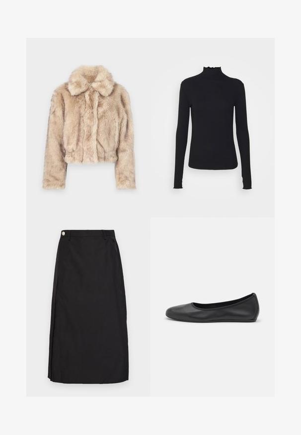 Skraćena jakna od umjetnog krzna u svijetlo bež boji, s prugastim ovratnikom i mekom, pahuljastom teksturom, dugim rukavima i uskim rubom.; Crni dugi rukav turtleneck majica izrađena od glatkog materijala, s volanima oko vrata i uskim siluetom s jednostavnim rubovima.; Crna suknja do koljena od glatkog materijala, s prednjim prorezom i metalnim gumbom kao naglaskom na struku.; Crne kožne baletanke s zaobljenim vrhom, glatke teksture, minimalnim detaljima šavova i fleksibilnim dizajnom potplata.