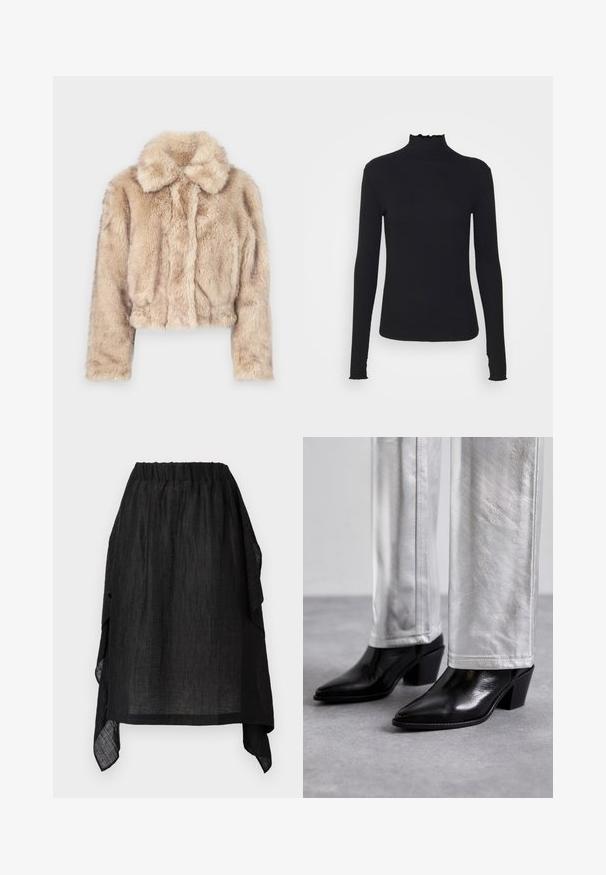 Rövidített műszőrme dzseki világos bézs színben, bemetszett gallérral, puha, bolyhos textúrával, hosszú ujjak és szűkített alsó rész.; Fekete, hosszú ujjú, garbós felső sima anyagból, fodros gallérral és illeszkedő sziluettel, egyszerű élekkel.; Henrik Vibskov UNCUT SKIRT - A-vonalú szoknya - black; Fekete bőr bokacsizma hegyes orral és tömbsarkal, fényes ezüst nadrággal párosítva, amely sima textúrákat és kontrasztos színeket mutat be.