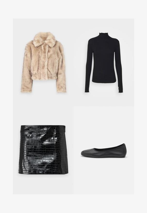 Giacca corta in pelliccia sintetica di colore beige chiaro, con colletto a punte e una consistenza morbida e pelosa, maniche lunghe e orlo aderente.; Maglione nero a maniche lunghe con colletto a dolcevita realizzato in tessuto morbido, caratterizzato da un collo arricciato e una silhouette aderente con bordi semplici.; Borsa a pochette nera in vinile lucido con motivo in pelle di coccodrillo, texture liscia e chiusura con zip nella parte superiore. Forma rettangolare compatta.; Pantofole da balletto nere in pelle con punta arrotondata, texture liscia, dettagli di cucitura minimi e design con suola flessibile.