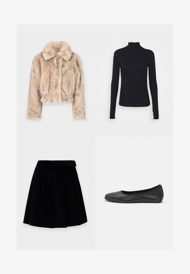 Kratka umetna krzna jakna v svetlo bež barvi, z izrezanim ovratnikom in mehko, puhasto teksturo, dolgimi rokavi in prilegajočim se robom.; Črn dolg rokav turtleneck zgornji del iz gladkega materiala, ki se ponaša z nabranim ovratnikom in prilegajočim silhueto s preprostimi robovi.; WEEKEND MaxMara ZUCCA - Krilo A-kroja - nero; Črne usnjene balerinke z zaobljenim nosom, gladko teksturo, minimalnimi šivi in fleksibilno zasnovo podplata.