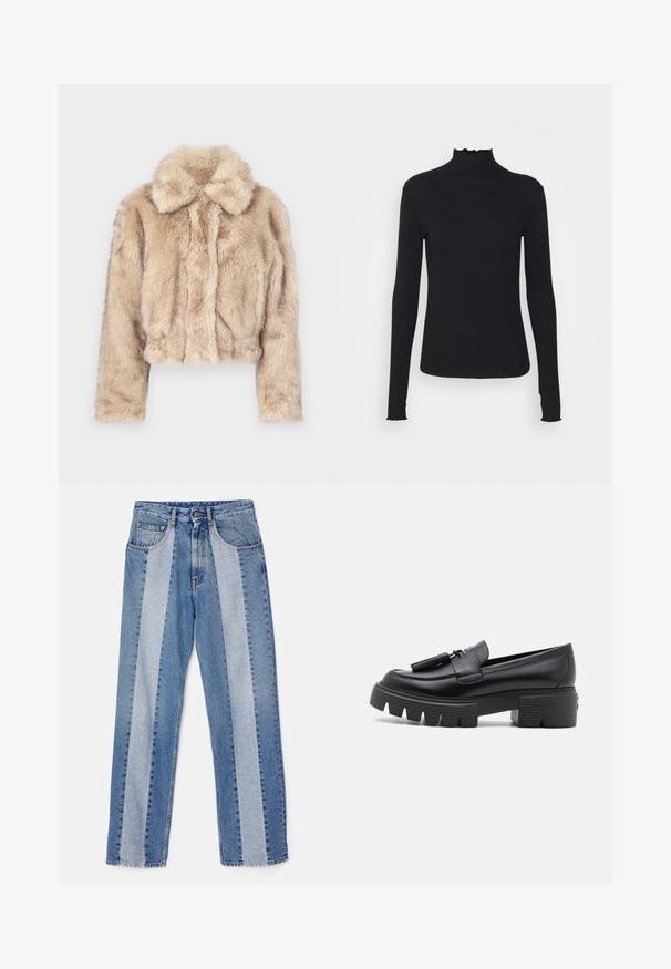 Giacca corta in pelliccia sintetica di colore beige chiaro, con colletto a punte e una consistenza morbida e pelosa, maniche lunghe e orlo aderente.; Maglione nero a maniche lunghe con colletto a dolcevita realizzato in tessuto morbido, caratterizzato da un collo arricciato e una silhouette aderente con bordi semplici.; MM6 Maison Margiela POCKET TROUSERS - Jeans baggy - blue denim; Stuart Weitzman NOLITA TASSEL LOAFER - Scarpe con plateau - black