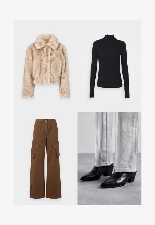 Lyhyt tekoturkisnuttu vaaleanbeigessä, jossa on kaarroke, pehmeä ja pörröinen tekstuuri, pitkät hihat ja kapea helma.; Musta pitkähihainen poolotoppi, joka on valmistettu sileästä kankaasta, jossa on röyhelökaulus ja tiukka siluetti yksinkertaisilla reunoilla.; Weekend Max Mara LUCY HALE ELVY - Reisitaskuhousut - marrone; Mustat nahkaiset nilkkakengät, joissa on terävä kärki ja lohkare korko, yhdistettyinä kiiltävien hopeisten housujen kanssa, tuoden esiin tyylikkäitä tekstuureja ja kontrastoivia värejä.