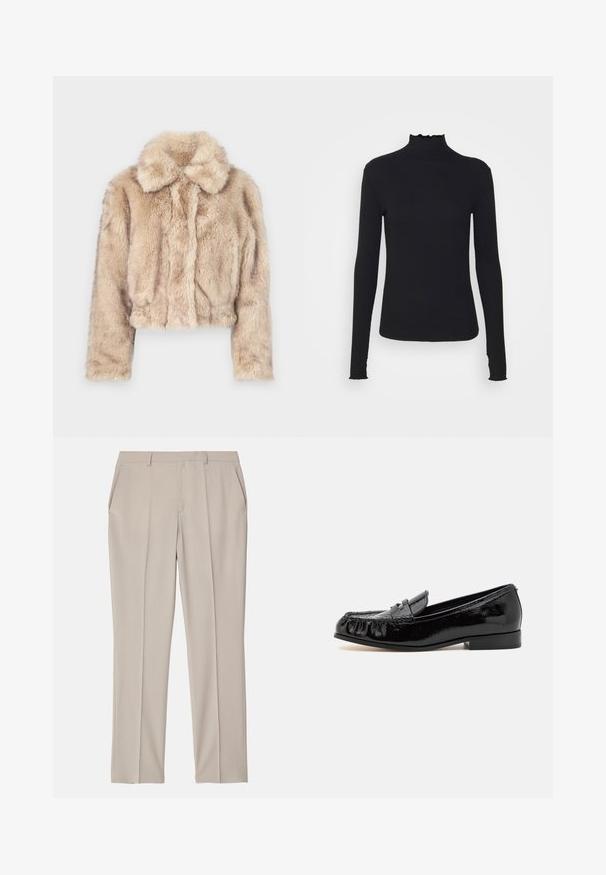 Cropped faux fur jacket in light beige, featuring a notched collar and soft, fluffy texture with long sleeves and a fitted hem.; Black long-sleeve turtleneck top made of smooth fabric, featuring a ruffled neck and fitted silhouette with simple edges.; Filippa K EMMA TROUSERS - Trousers - desert tau; Black patent leather loafers with a rounded toe, fringe detail, and a low block heel. The surface has a glossy finish.
