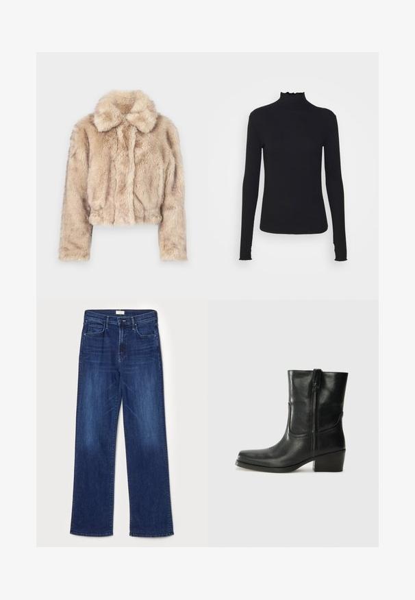 Casaco curto de pelo sintético em bege claro, com gola dentada e textura suave e fofinha, mangas longas e um acabamento ajustado.; Top preto de manga longa com gola alta, feito de um tecido suave, apresentando uma gola fruncida e uma silhueta ajustada com bordas simples.; Jeans de perna larga feitos de denim azul escuro. As características incluem uma cintura alta, cinco bolsos e um leve desbotamento no tecido.; Bota de tornozelo em couro preto com bico arredondado, salto bloco, fecho lateral e detalhes em costura na parte frontal. Textura suave, design clássico.