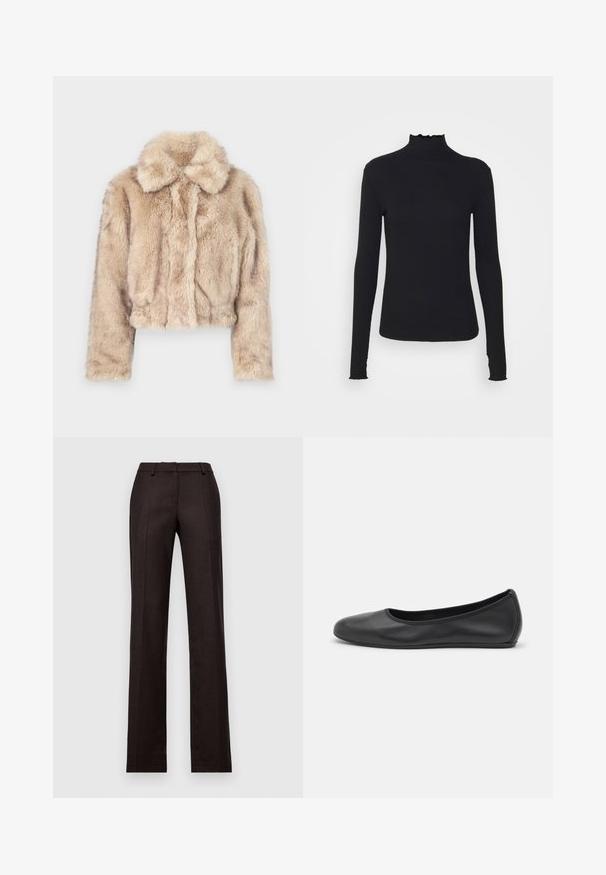 Veste en fausse fourrure coupée de couleur beige clair, avec un col cranté et une texture douce et pelucheuse, à manches longues et à ourlet ajusté.; Haut à manches longues noir en col roulé, fabriqué en tissu lisse, présentant un col volanté et une silhouette ajustée avec des bords simples.; Pantalons noirs ajustés à coupe droite, confectionnés dans un tissu lisse avec des plis marqués et une taille classique.; Ballerines en cuir noir avec un bout rond, texture lisse, détails de couture minimalistes et design de semelle flexible.