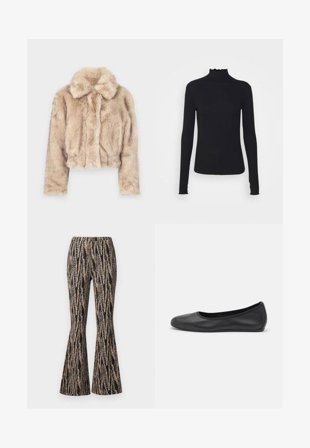 Gekürzter Kunstfellmantel in hellem Beige, mit einem Reverskragen und weicher, flauschiger Textur, langen Ärmeln und enganliegendem Saum.; Schwarz, langärmliges Turtleneck-Oberteil aus glattem Material, mit einem gerafften Kragen und einer enganliegenden Silhouette mit einfachen Kanten.; Diane von Furstenberg BURANO PANTS - Stoffhose - black; Schwarze Leder-Ballettschuhe mit abgerundeter Spitze, glatter Textur, minimalen Nähdetails und einem flexiblen Sohlen-Design.