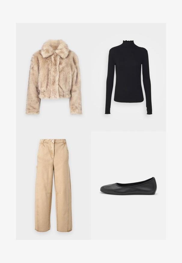 Cropped faux fur jacket in light beige, featuring a notched collar and soft, fluffy texture with long sleeves and a fitted hem.; Black long-sleeve turtleneck top made of smooth fabric, featuring a ruffled neck and fitted silhouette with simple edges.; Beige wide-leg pants with a button closure, two side pockets, slight distressing, and frayed hems. Made from a soft, textured fabric.; Black leather ballet flat with a rounded toe, smooth texture, minimal stitching detail, and a flexible sole design.