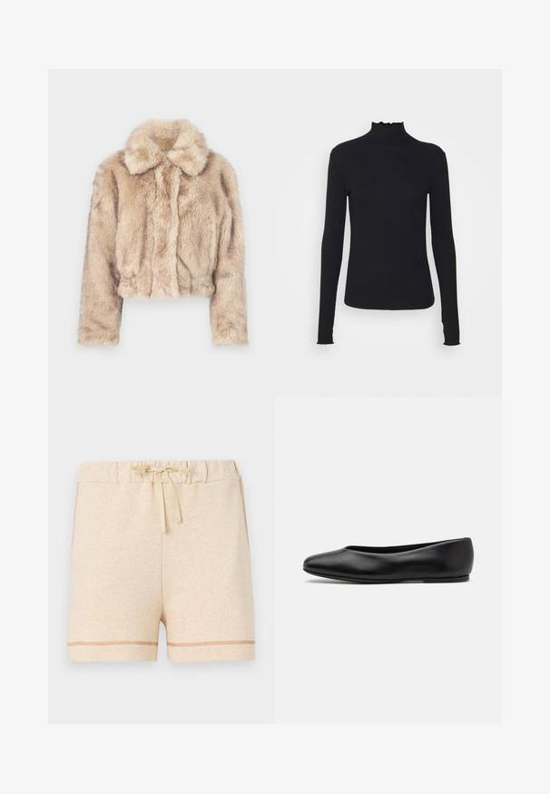 Veste en fausse fourrure coupée de couleur beige clair, avec un col cranté et une texture douce et pelucheuse, à manches longues et à ourlet ajusté.; Haut à manches longues noir en col roulé, fabriqué en tissu lisse, présentant un col volanté et une silhouette ajustée avec des bords simples.; Shorts en coton beige avec une taille élastique et un cordon de serrage. Dotés d'une couture contrastante le long de l'ourlet et des côtés.; Paul Smith TOPANGA - Ballerines - black