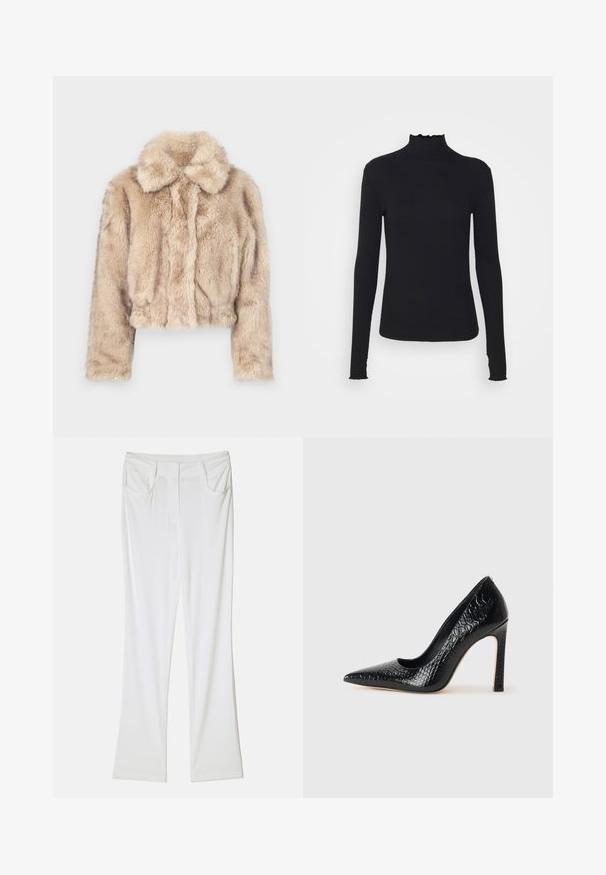 Skraćena jakna od umjetnog krzna u svijetlo bež boji, s prugastim ovratnikom i mekom, pahuljastom teksturom, dugim rukavima i uskim rubom.; Crni dugi rukav turtleneck majica izrađena od glatkog materijala, s volanima oko vrata i uskim siluetom s jednostavnim rubovima.; Bijele trapezne hlače s glatkom tkaninom, s dva prednja džepa i šivanjem na struku za prilagođeni izgled.; Crne visoke potpetice s oštrim prstima, od teksture krokodilske kože, elegantnog dizajna, visoke stiletto potpetice i glatkog crnog unutrašnjosti.