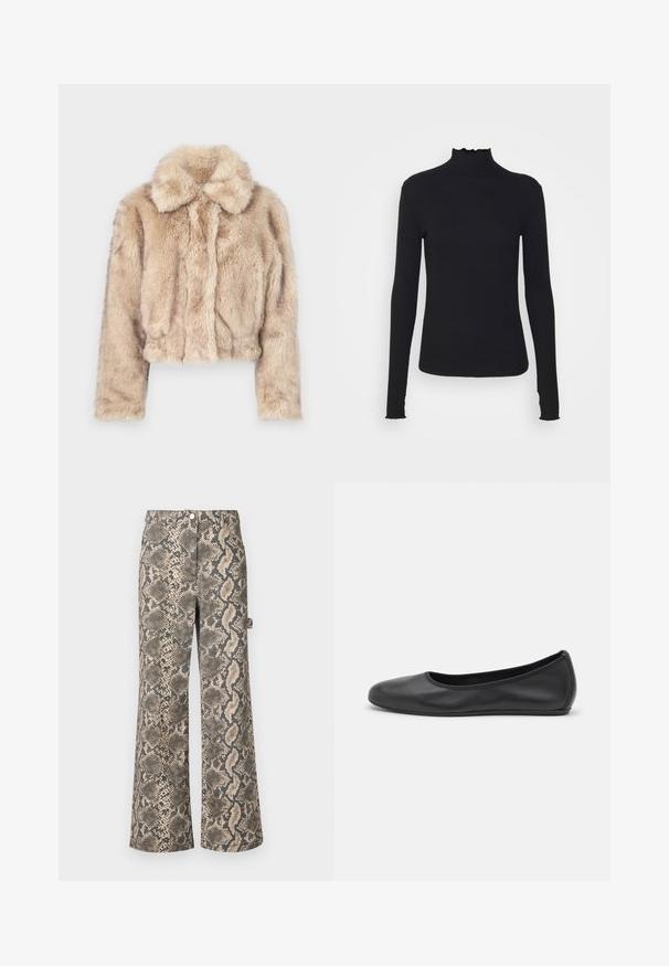 Korte nepbontjas in lichtbeige, met een notch-kraag en een zachte, pluizige textuur, lange mouwen en een aansluitende zoom.; Zwarte langärmelige turtleneck top van soepel stof, met een gerimpelde hals en een aansluitende silhouet met eenvoudige randen.; Brede broek in een faux slangenleerpatroon, met tinten bruin en zwart, een gladde textuur en een standaard tailleband.; Zwarte leren ballerina met een ronde neus, gladde textuur, minimale stikdetails en een flexibele zoolontwerp.