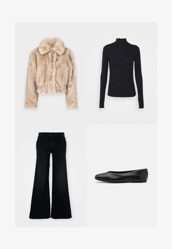 Zkrácená bunda z umělé kožešiny ve světle béžové barvě, s klopovým límcem a měkkou, nadýchanou texturou, dlouhými rukávy a přiléhavým lemem.; Černý dlouhý rukáv rolák vyrobený z hladkého materiálu, s volánkovým límcem a přiléhavým střihem s jednoduchými okraji.; Černé zvonové džíny vyrobené z denimu, s vysokým pasem, zapínáním na knoflík a širokými nohavicemi s čistým lemem na spodním okraji.; Paul Smith TOPANGA - Klasické baleríny - black